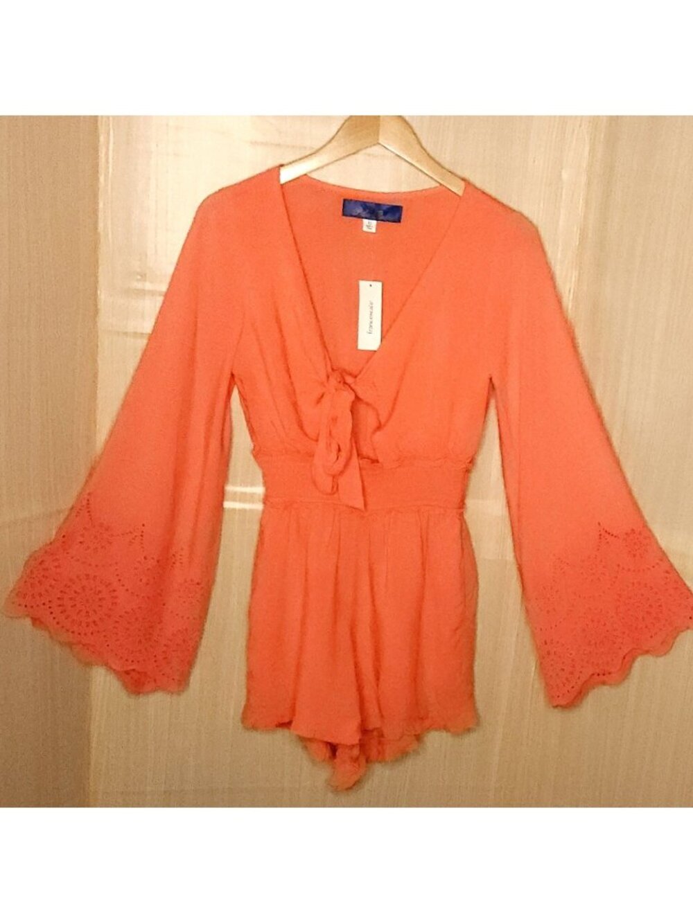 Blue Rain Womens New Orange Boho Ling Bell Sleeve Silky Romper XS
